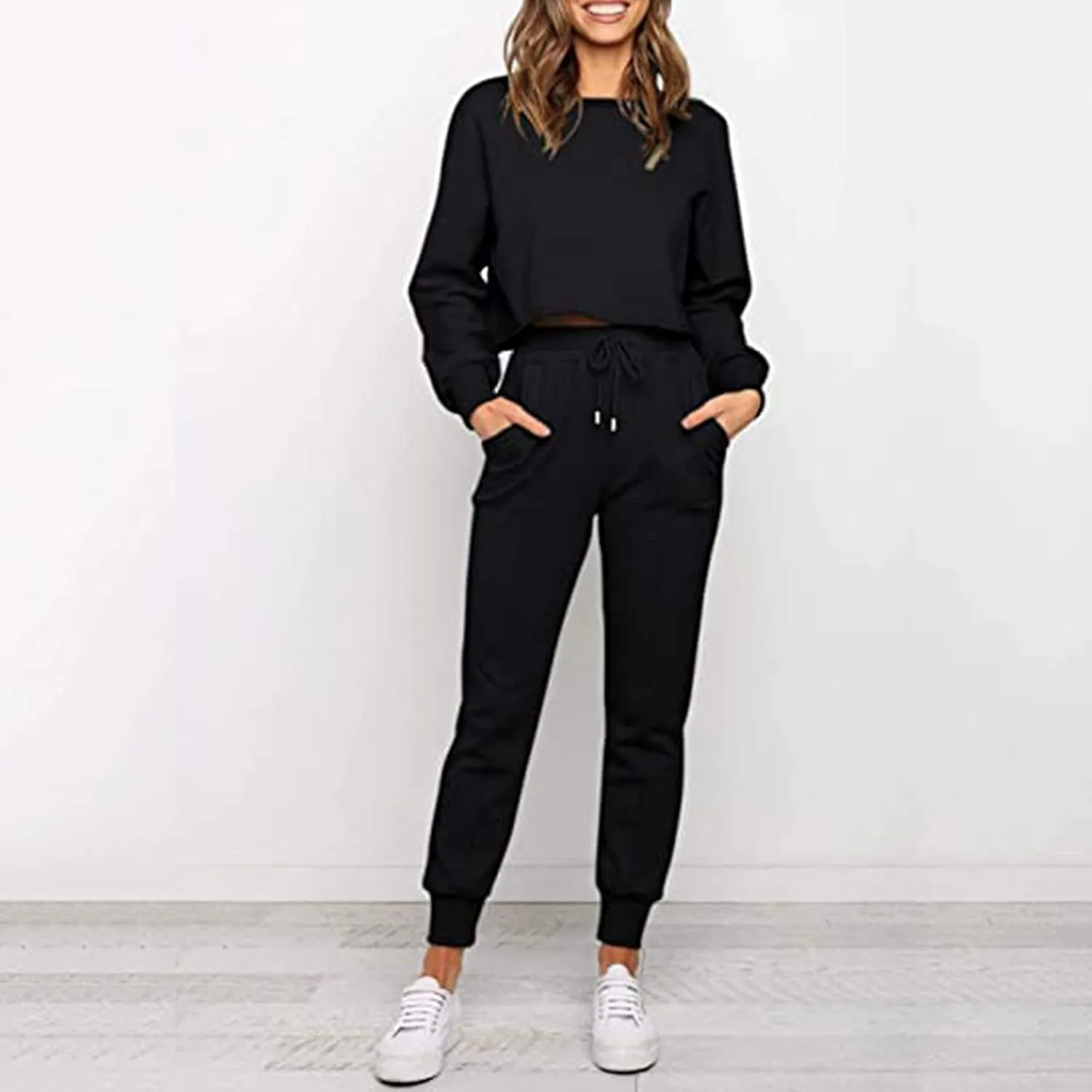 cooki Women's Pajama Sets Casual Lounge Set Women's Pajamas Long Sleeve Sleepwear Drawstring Sweatpants Loungewear Pjs Set