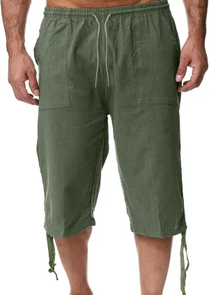 Cotton Linen Capris Pants for Men Casual Lightweight Drawstring Elastic Waist 3/4 Summer Beach Yoga Shorts with Pocket
