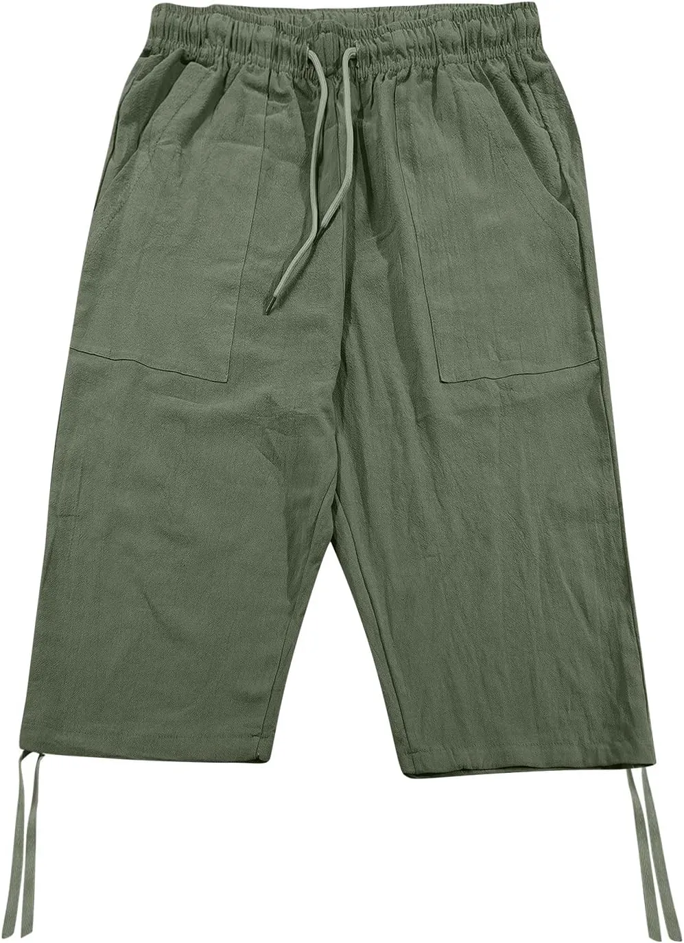Cotton Linen Capris Pants for Men Casual Lightweight Drawstring Elastic Waist 3/4 Summer Beach Yoga Shorts with Pocket