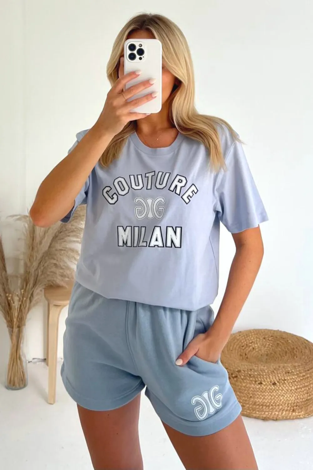 Couture Milan baby blue printed premium short t-shirt coord