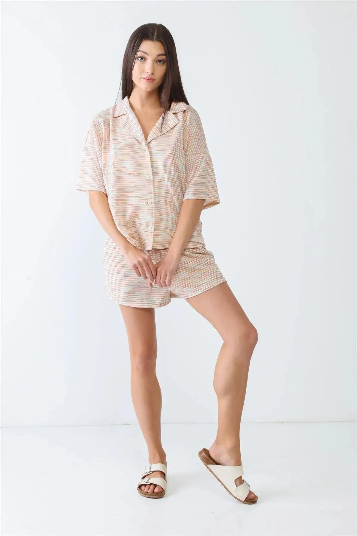 Cream Multicolor Stripe Print Collared Neck Button-Up Short Sleeve Top & High Waist Three Pocket Shorts Set /3-2-1