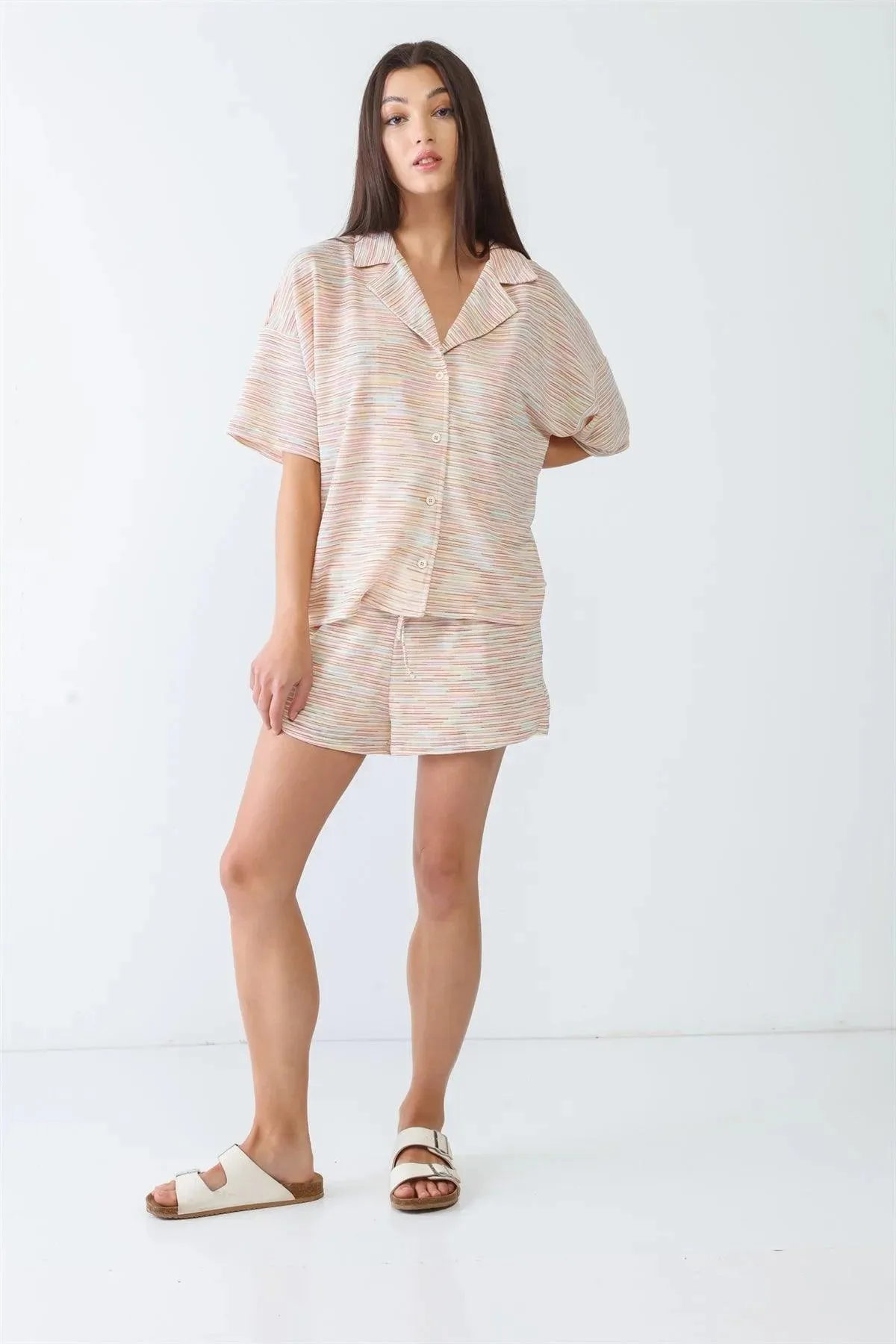 Cream Multicolor Stripe Print Collared Neck Button-Up Short Sleeve Top & High Waist Three Pocket Shorts Set /3-2-1