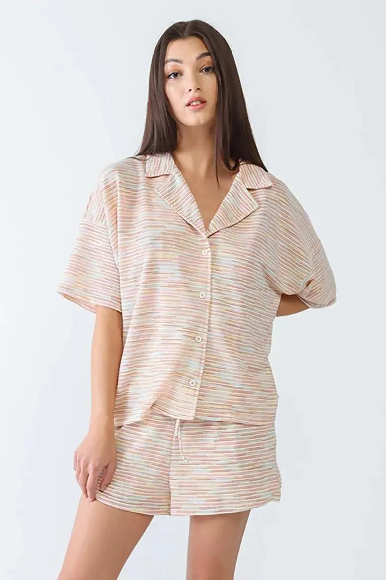 Cream Multicolor Stripe Print Collared Neck Button-Up Short Sleeve Top & High Waist Three Pocket Shorts Set /3-2-1