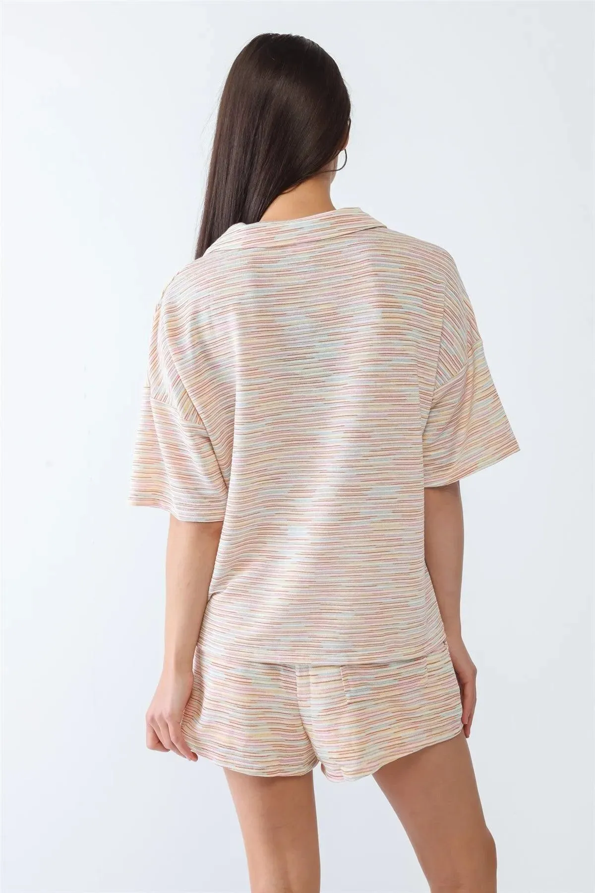 Cream Multicolor Stripe Print Collared Neck Button-Up Short Sleeve Top & High Waist Three Pocket Shorts Set /3-2-1