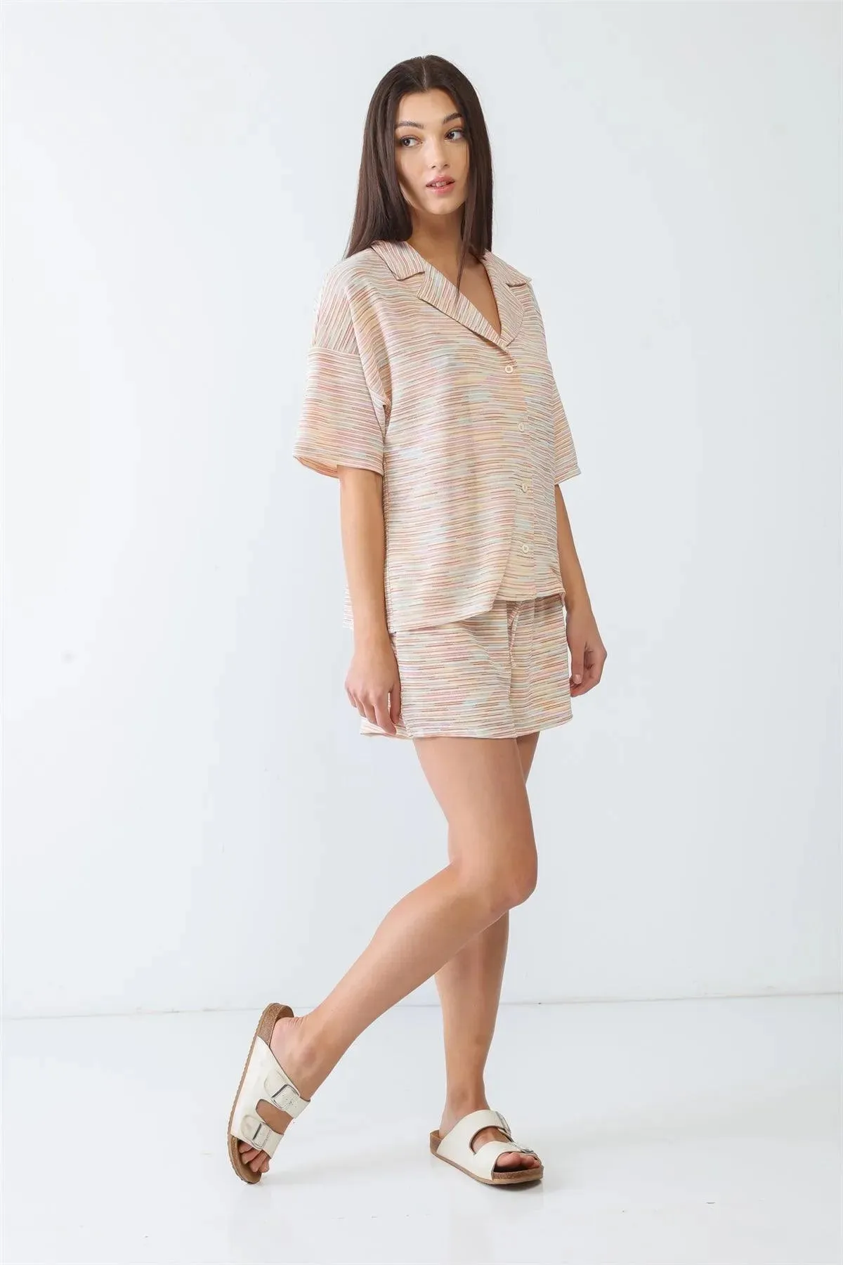 Cream Multicolor Stripe Print Collared Neck Button-Up Short Sleeve Top & High Waist Three Pocket Shorts Set /3-2-1