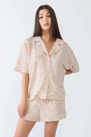 Cream Multicolor Stripe Print Collared Neck Button-Up Short Sleeve Top & High Waist Three Pocket Shorts Set /3-2-1