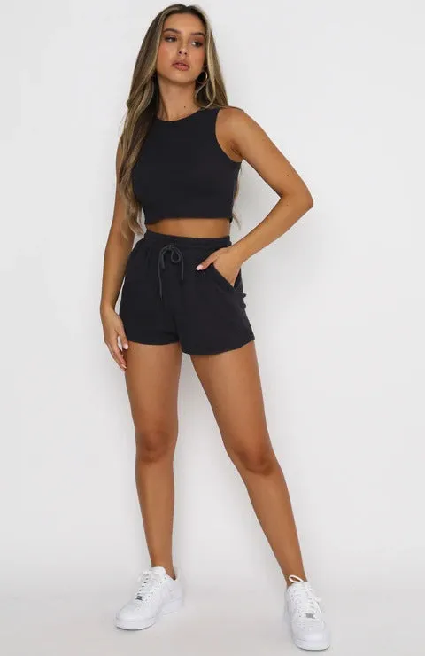 Crewneck Crop Tank with Drawstring Pocket Shorts Lounge Set