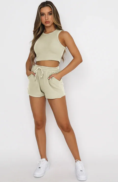 Crewneck Crop Tank with Drawstring Pocket Shorts Lounge Set