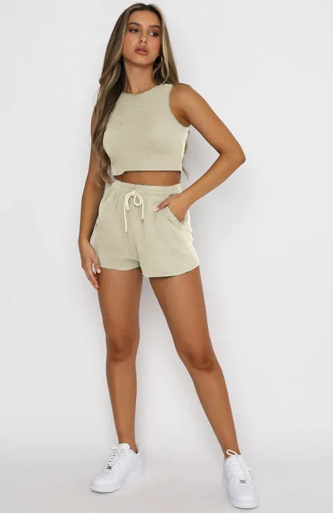 Crewneck Crop Tank with Drawstring Pocket Shorts Lounge Set