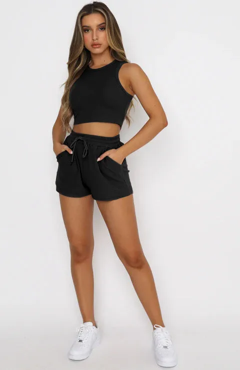Crewneck Crop Tank with Drawstring Pocket Shorts Lounge Set