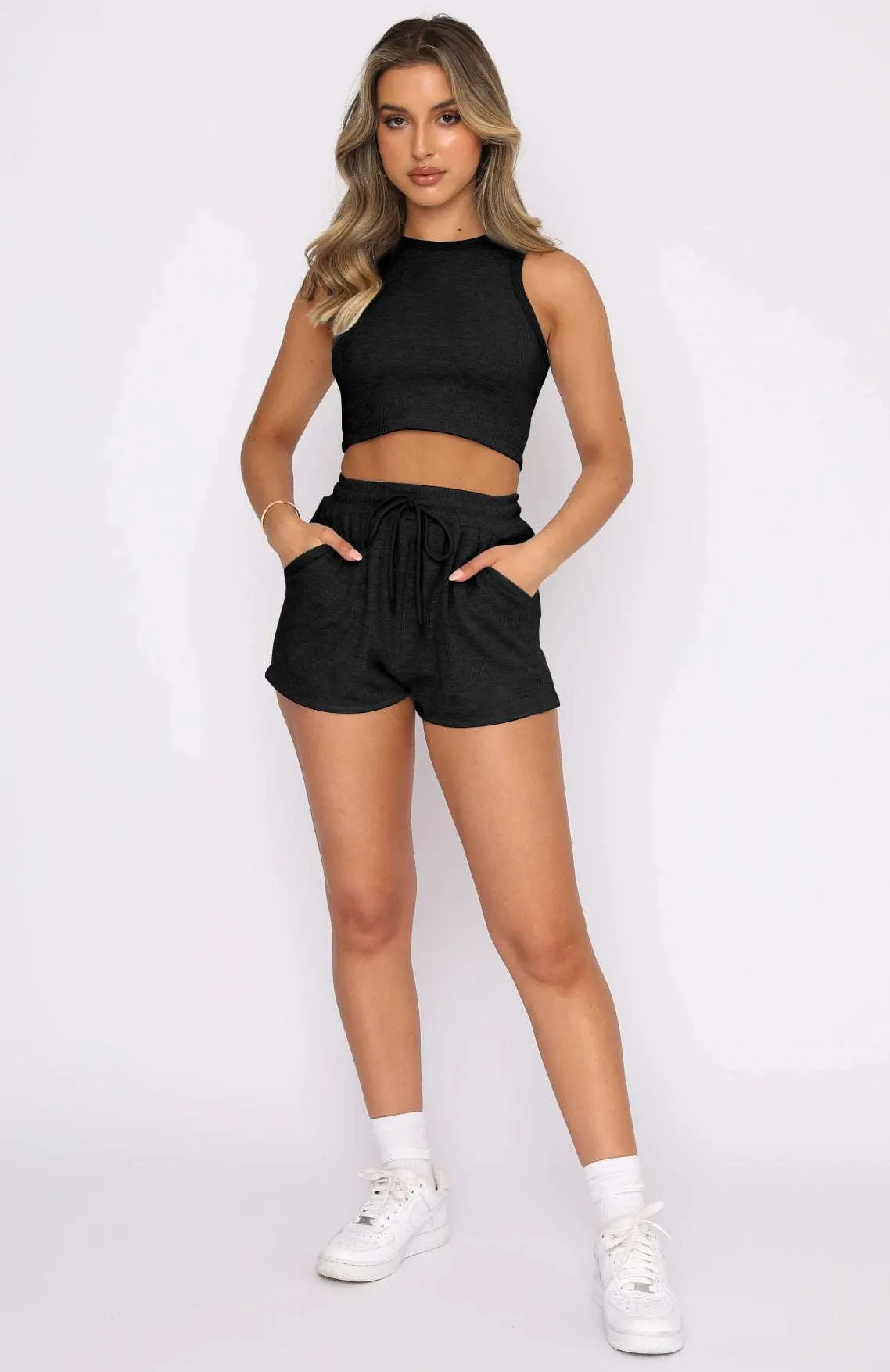 Crewneck Crop Tank with Drawstring Pocket Shorts Lounge Set