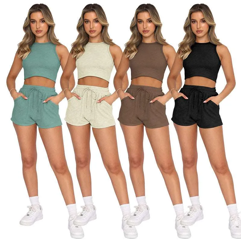 Crewneck Crop Tank with Drawstring Pocket Shorts Lounge Set