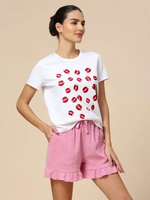 CRINKLE DOUBLE CREPE COTTON RUFFLED HEM SHORTS & "KISSES" PRINTED TEE SET