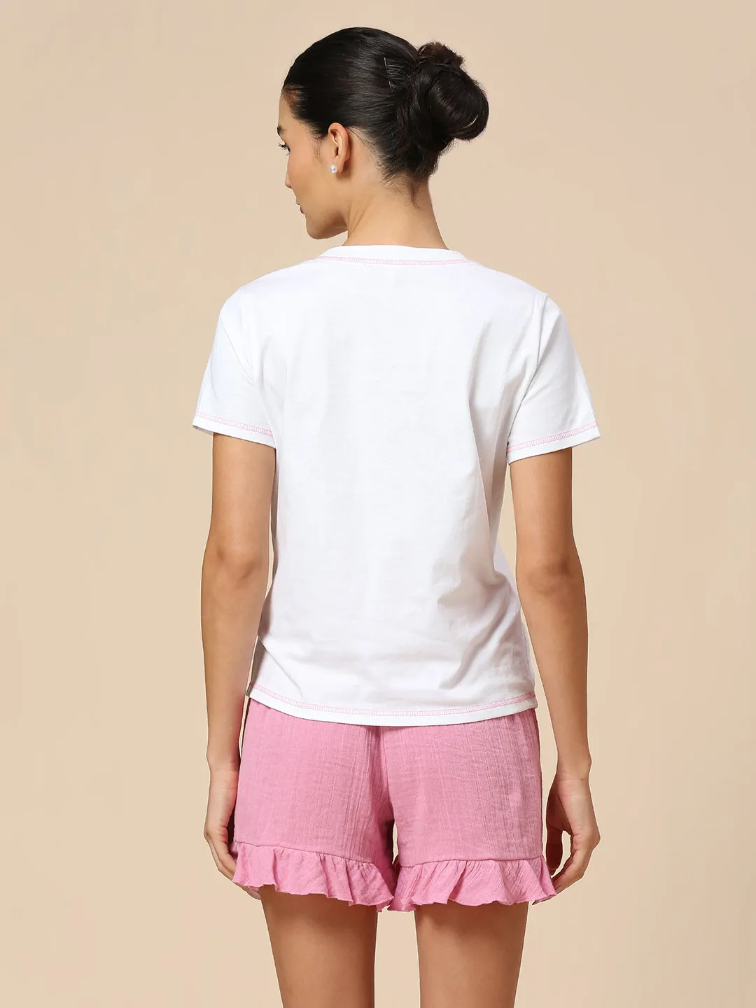 CRINKLE DOUBLE CREPE COTTON RUFFLED HEM SHORTS & "KISSES" PRINTED TEE SET