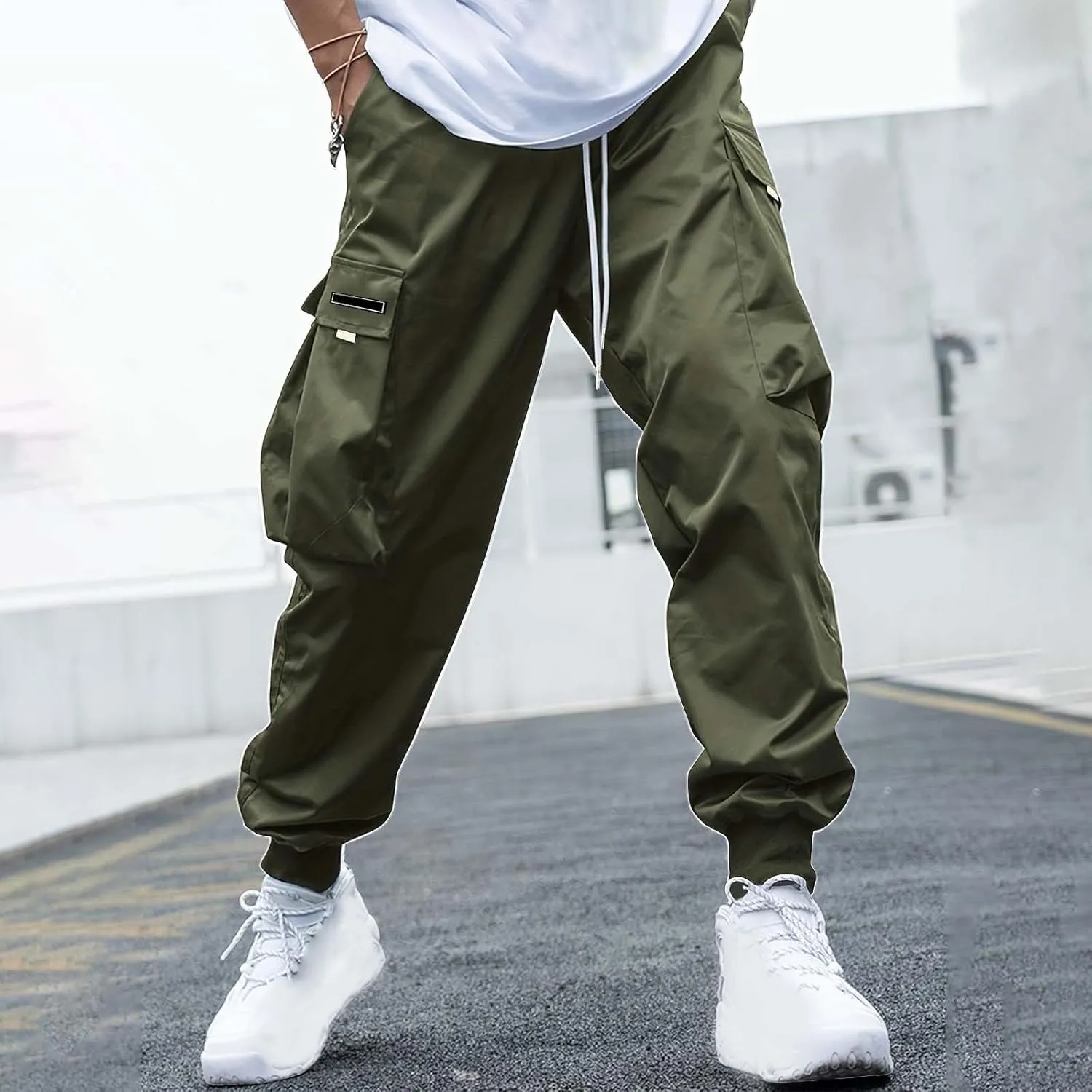 CRNTCEM Mens Baggy Hip Hop Cargo Pants Lightweight Streetwear Grunge Harem Joggers Trousers Trendy Casual Y2K Parachute Pants