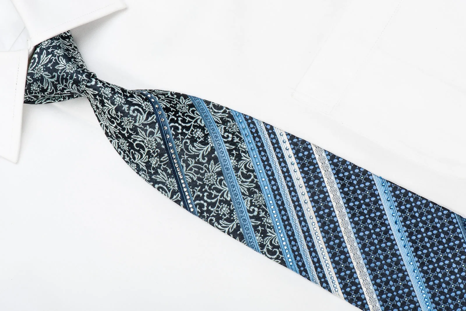 Crocodile Men's Crystal Silk Necktie Stripes & Acanthus On Blue With Sparkles