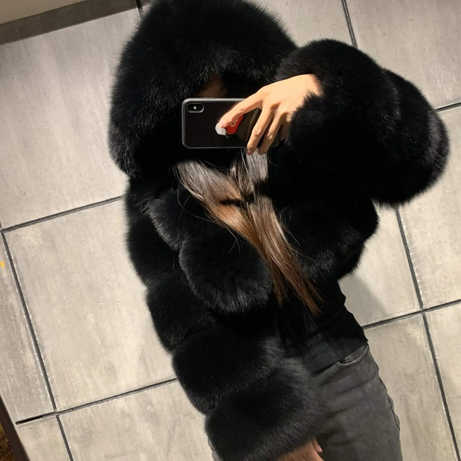 Cropped Faux Fur Coats for Women Short Hooded Jacket Warm Shaggy Splicing Pullover Long Sleeve Outerwears
