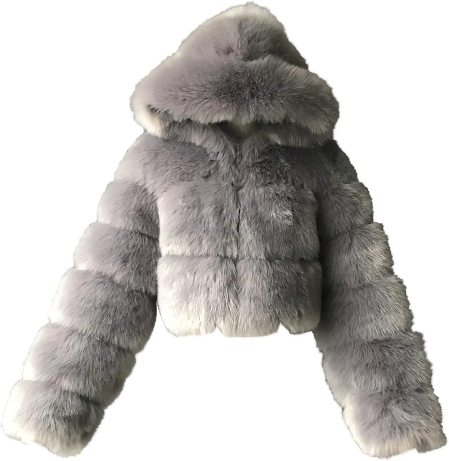 Cropped Faux Fur Coats for Women Short Hooded Jacket Warm Shaggy Splicing Pullover Long Sleeve Outerwears