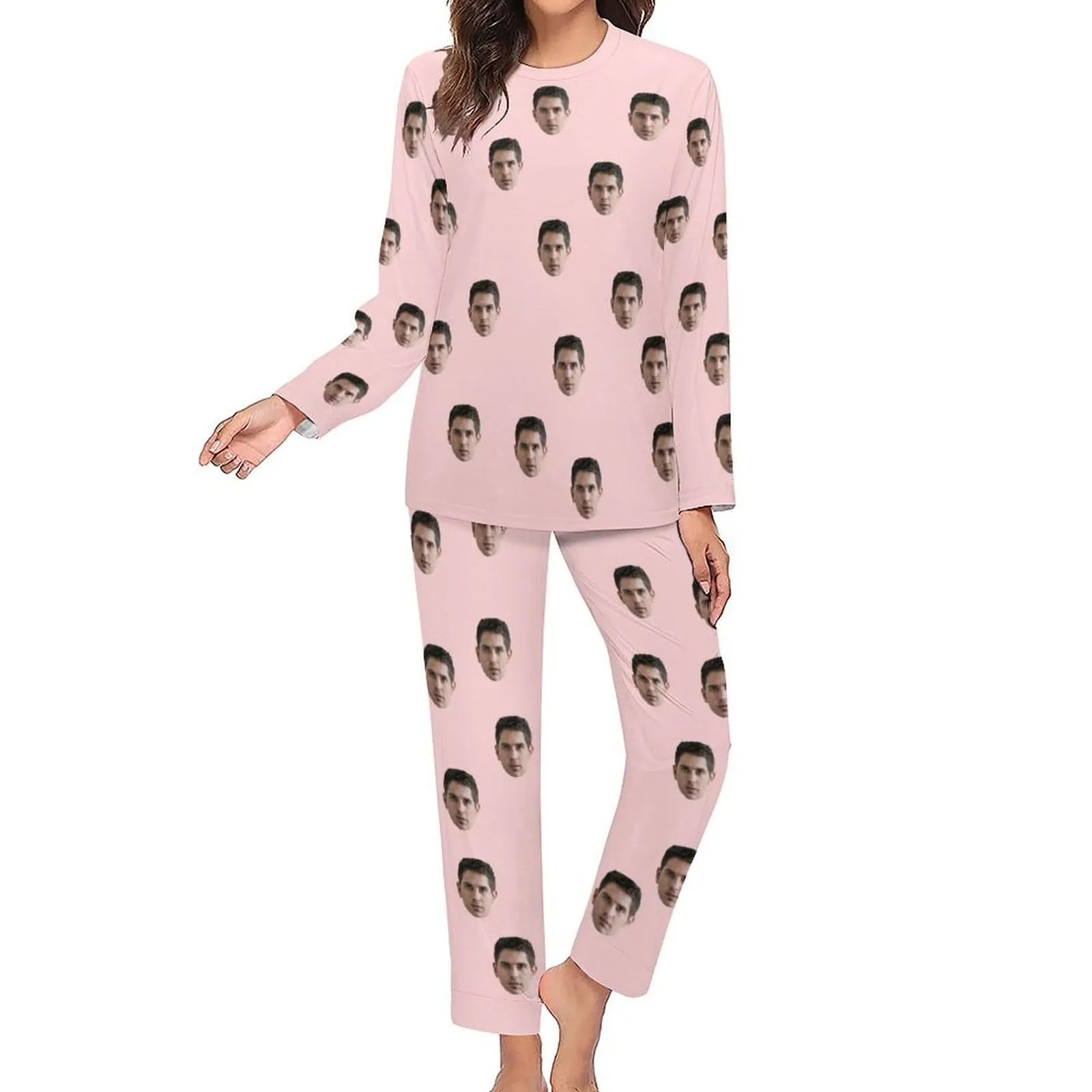 Custom Boyfriend Face Simple Sleepwear Personalized Women's Slumber Party Crewneck Long Pajamas Set