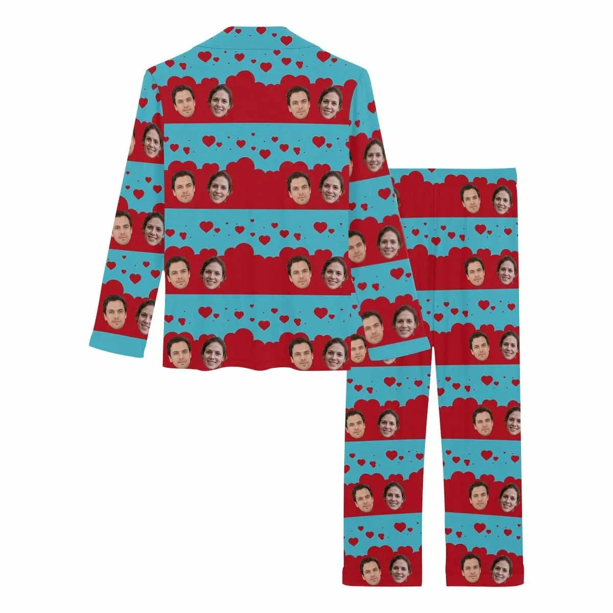 Custom Face Couples Pajamas Love Heart Sleepwear Personalized Women's Slumber Party Long Pajama Set