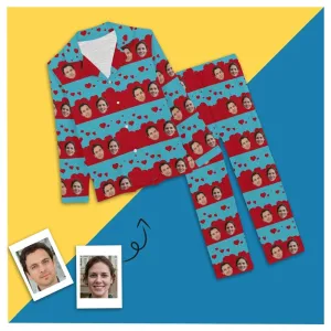 Custom Face Couples Pajamas Love Heart Sleepwear Personalized Women's Slumber Party Long Pajama Set