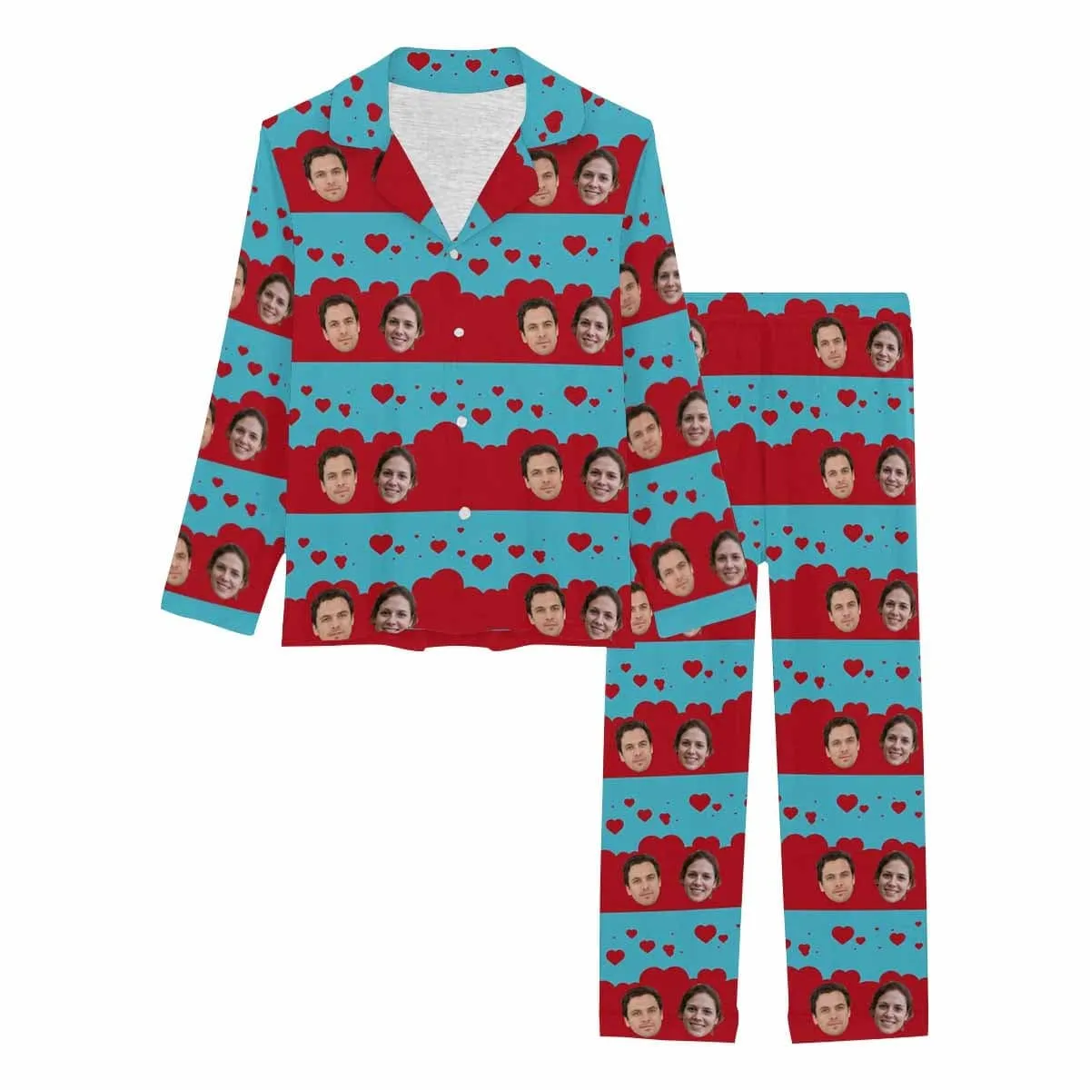 Custom Face Couples Pajamas Love Heart Sleepwear Personalized Women's Slumber Party Long Pajama Set