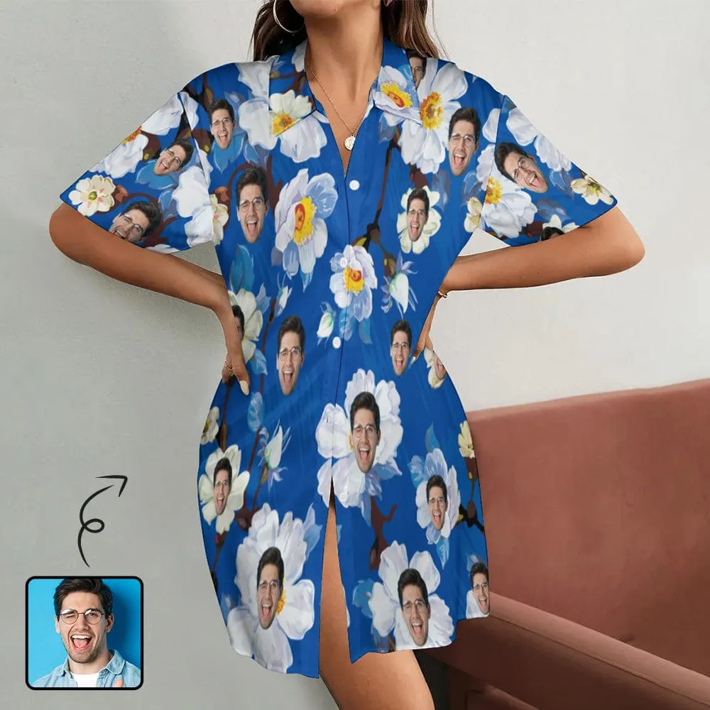 Custom Face Flowers Bloom Women's Satin Shirt Nightdress - Dark Blue