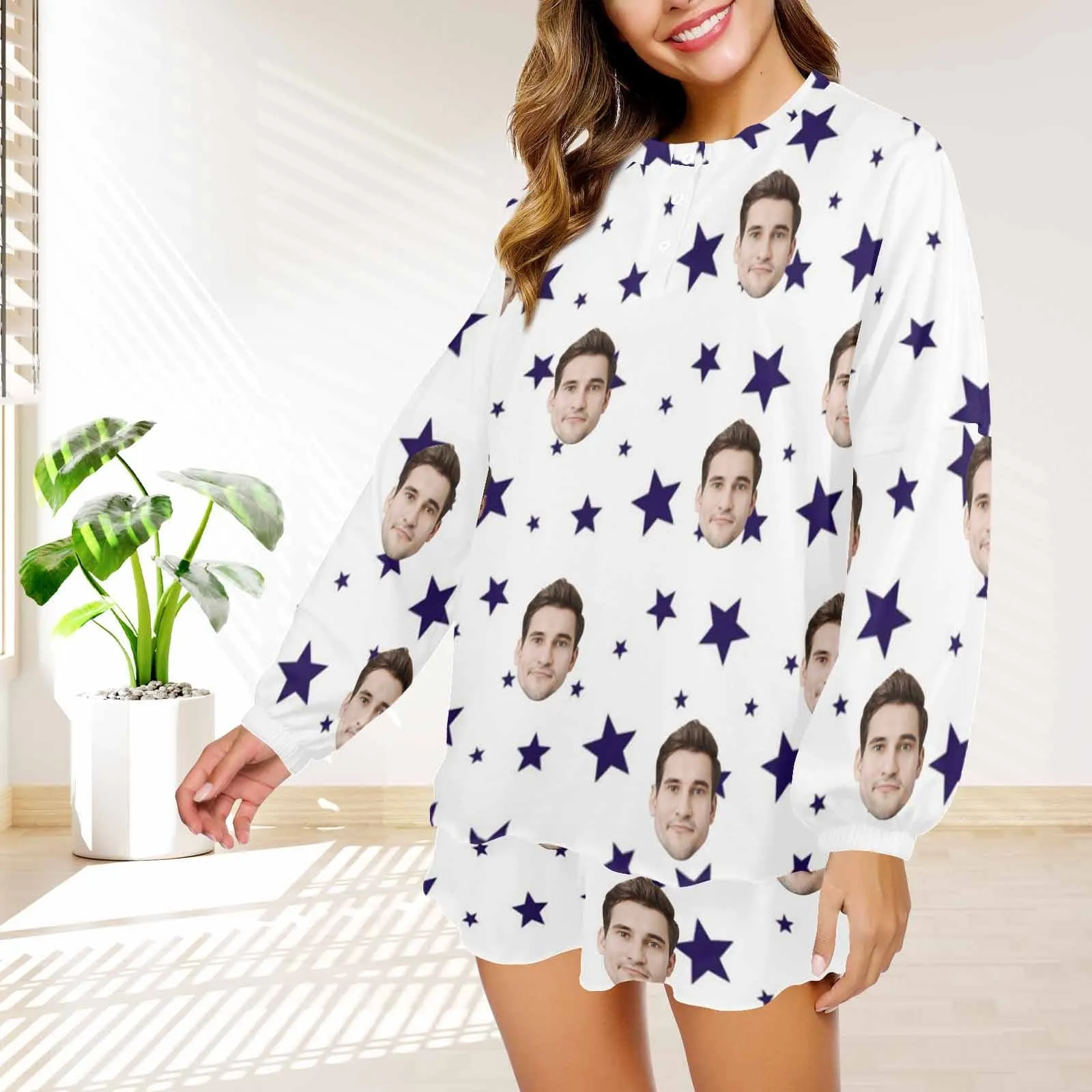 Custom Face Stars Women's Long Sleeve Short Pajama Set
