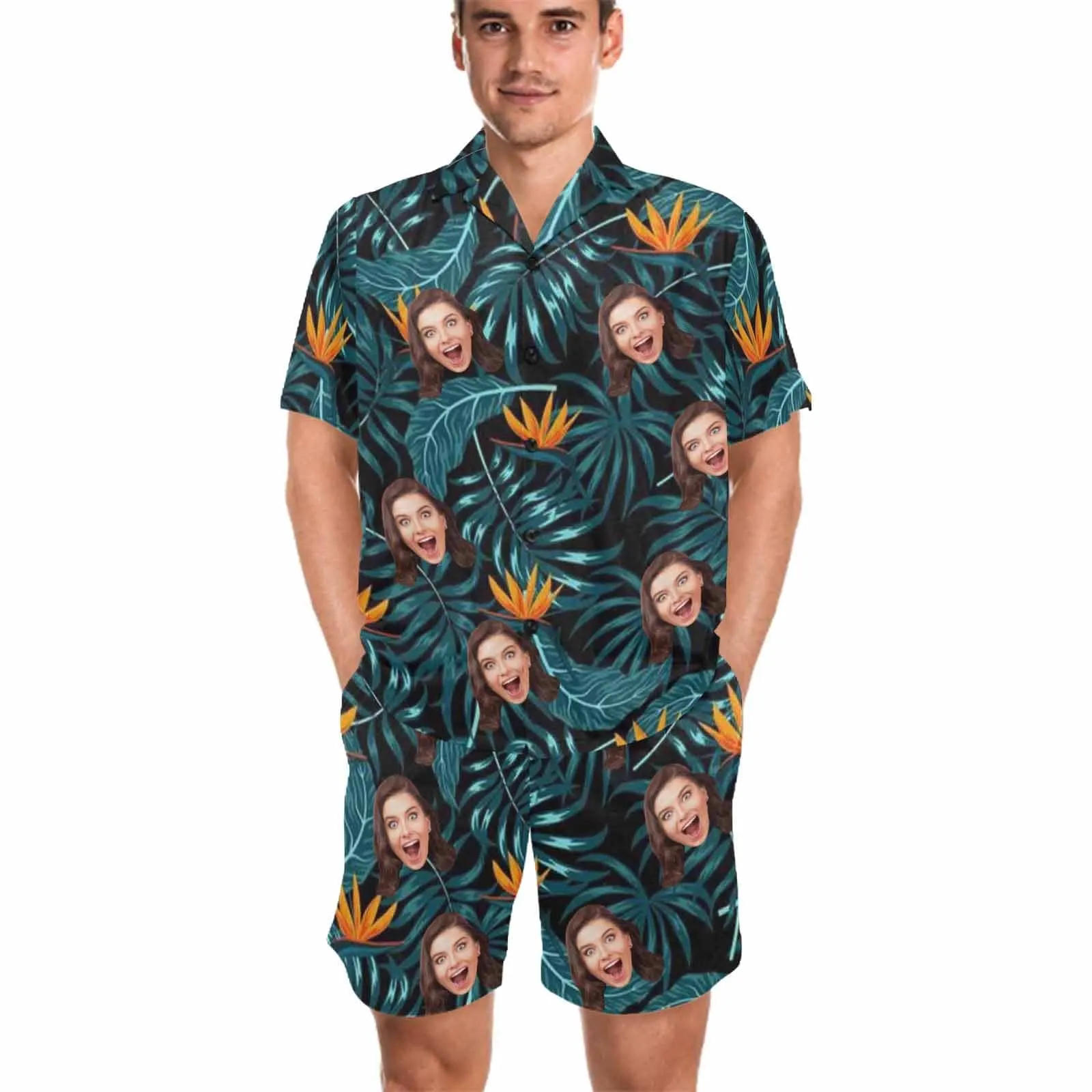 Custom Photo Pajamas Palm Leaves Summer Loungewear Personalized Men's V-Neck Short Sleeve Pajama Set