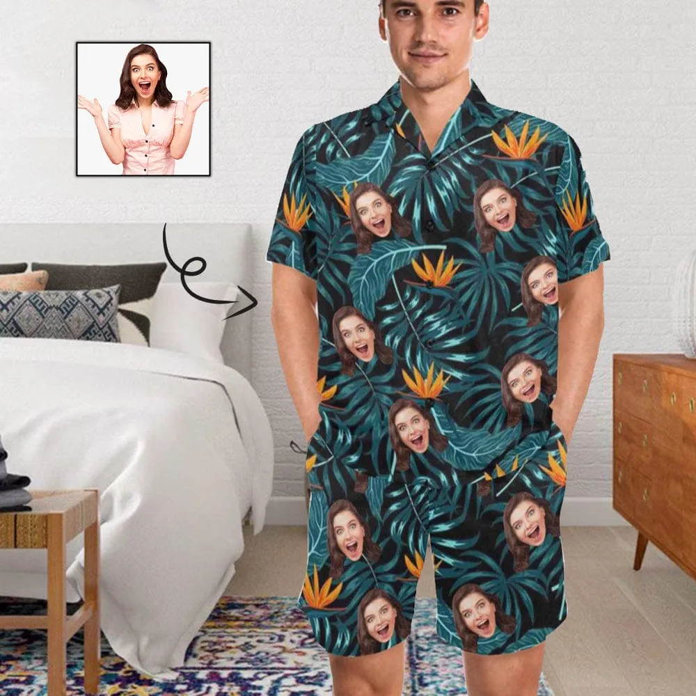 Custom Photo Pajamas Palm Leaves Summer Loungewear Personalized Men's V-Neck Short Sleeve Pajama Set