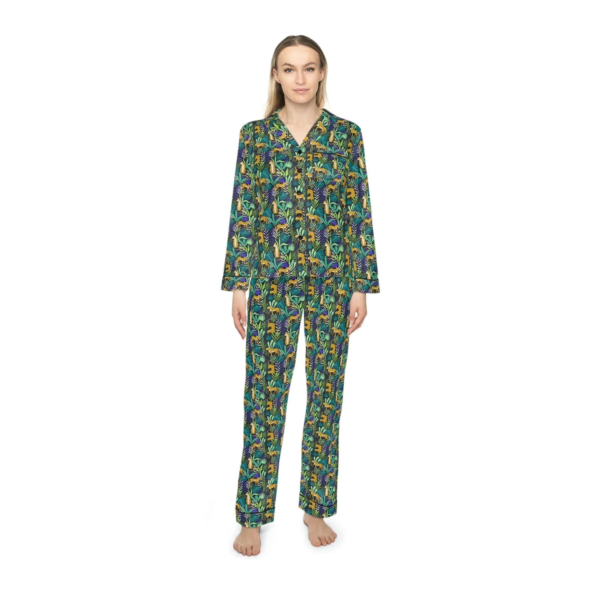 Customized Leopard Print Satin Pajama Set for Women with Free Personalization