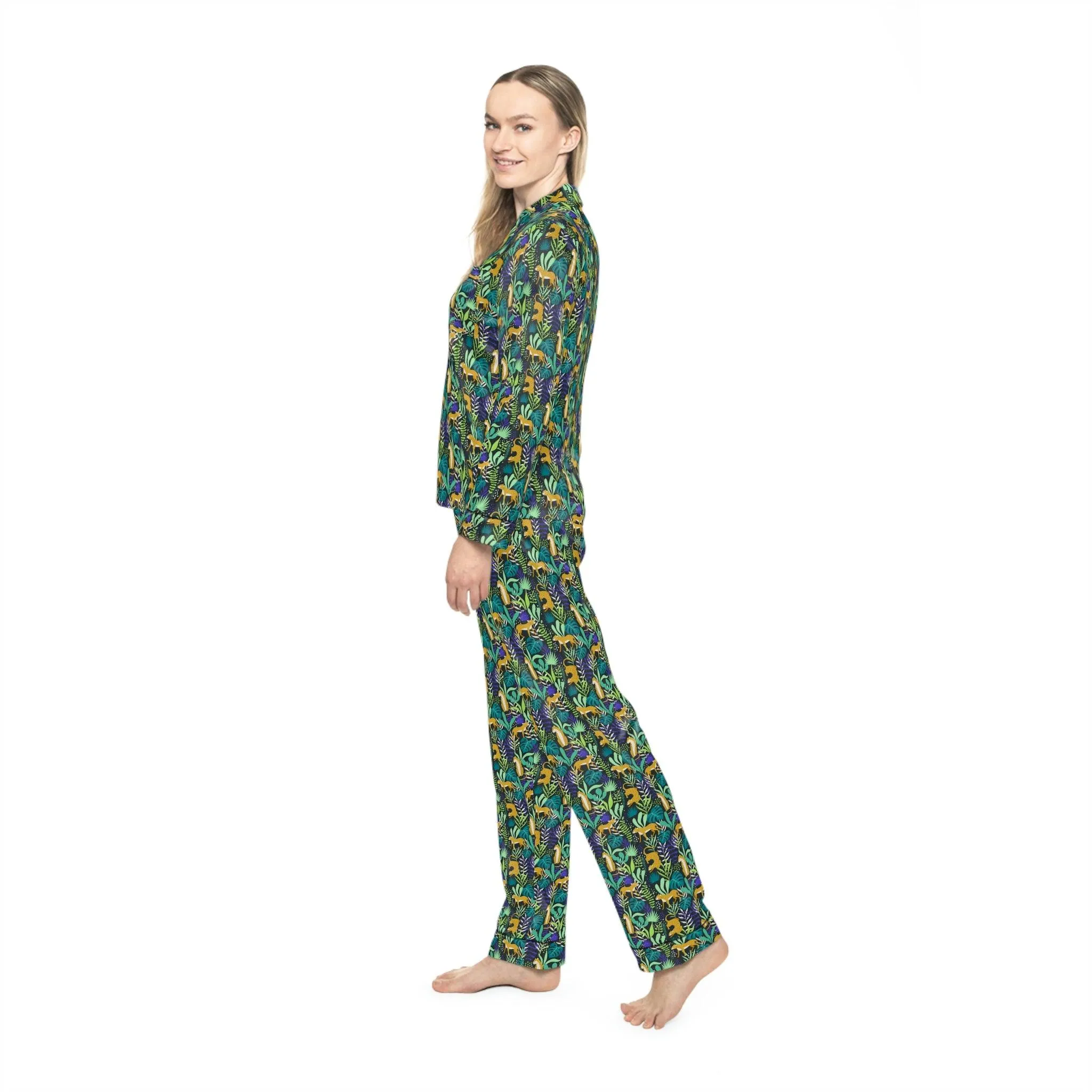 Customized Leopard Print Satin Pajama Set for Women with Free Personalization