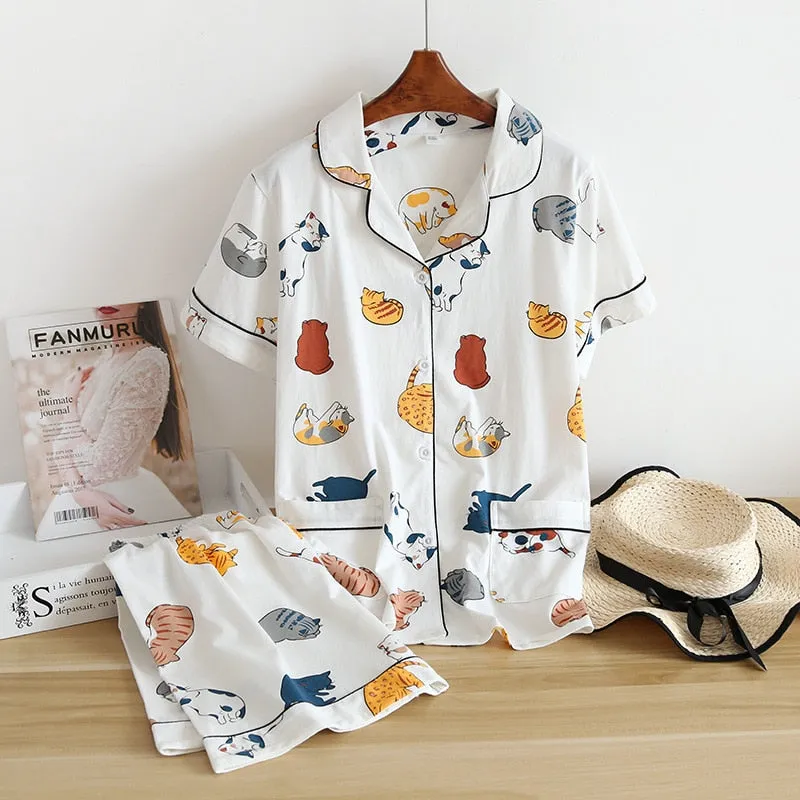 Cute cartoon print cotton short pajamas set