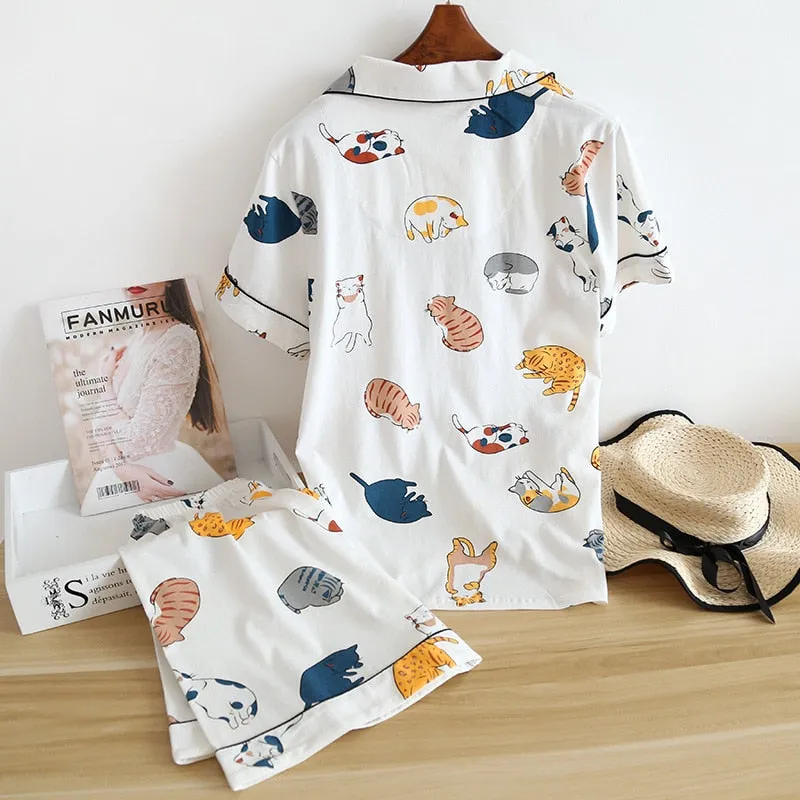 Cute cartoon print cotton short pajamas set