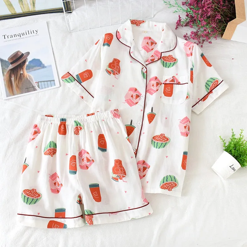 Cute cartoon print cotton short pajamas set
