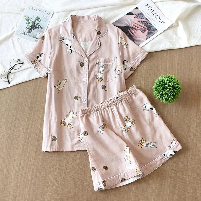 Cute cartoon print cotton short pajamas set