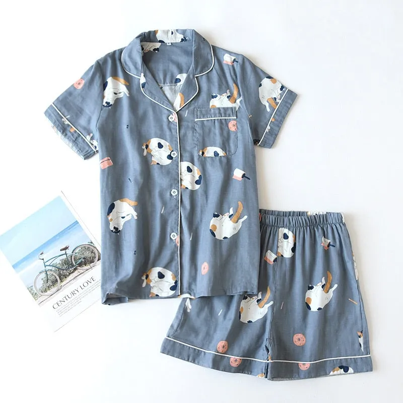 Cute cartoon print cotton short pajamas set