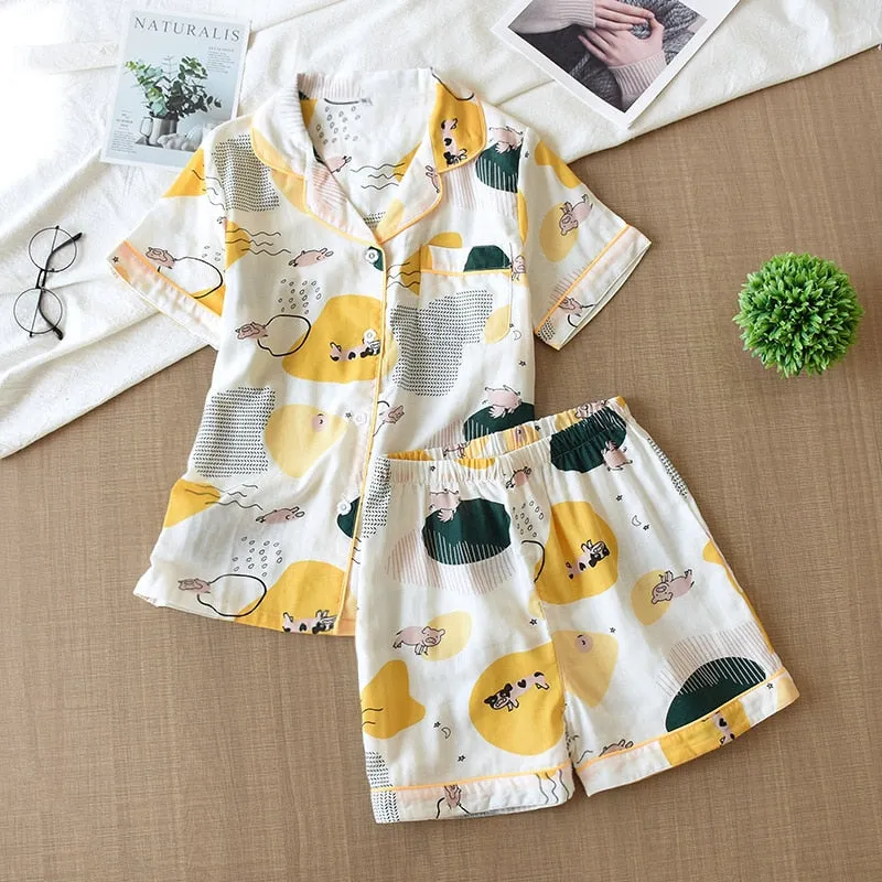 Cute cartoon print cotton short pajamas set