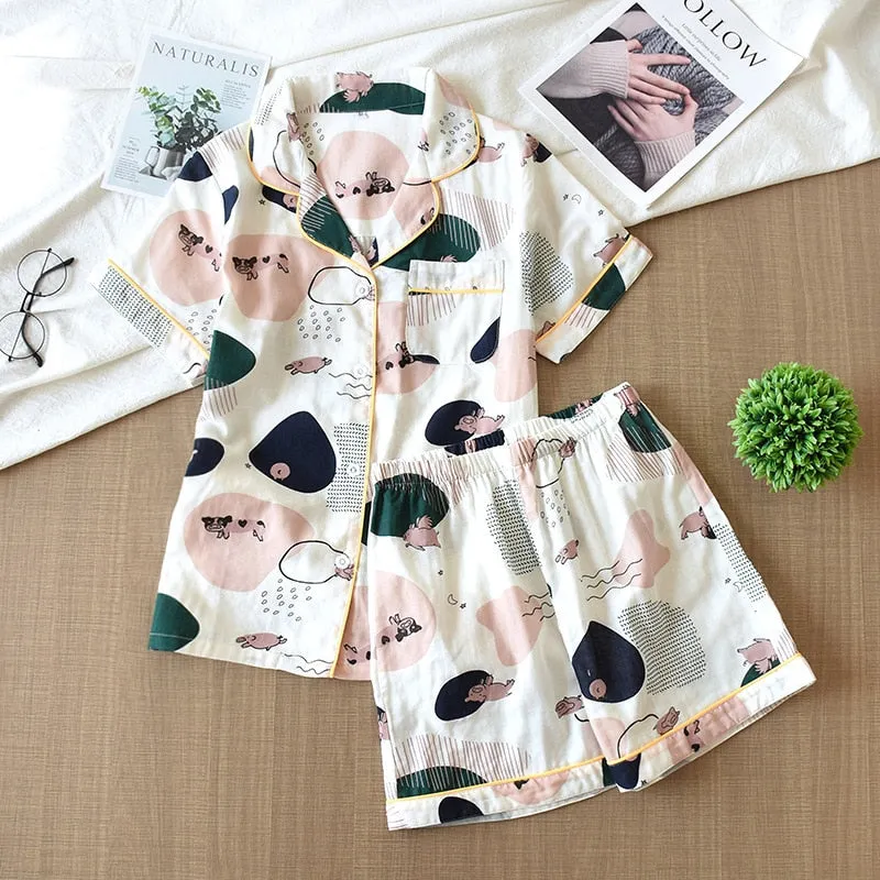 Cute cartoon print cotton short pajamas set