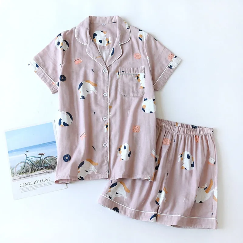 Cute cartoon print cotton short pajamas set