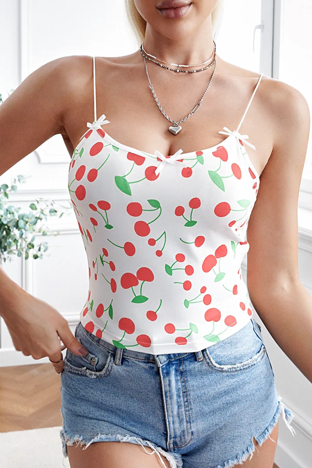 Cute Cherry Print Cropped Spaghetti Strap Camisole Top