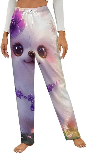 Cute Pomeranian Dog Women's Pajama Pants Fleece Warm Pj Bottoms Sleepwear Lounge Pants Loungewear