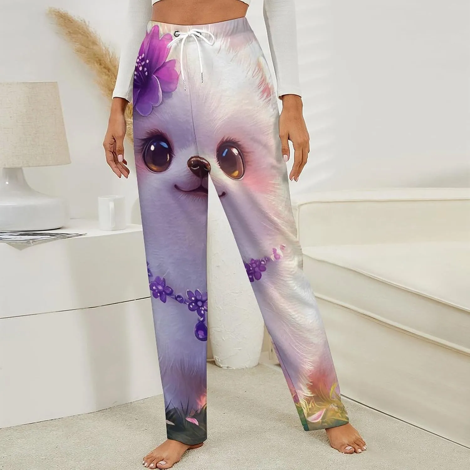 Cute Pomeranian Dog Women's Pajama Pants Fleece Warm Pj Bottoms Sleepwear Lounge Pants Loungewear