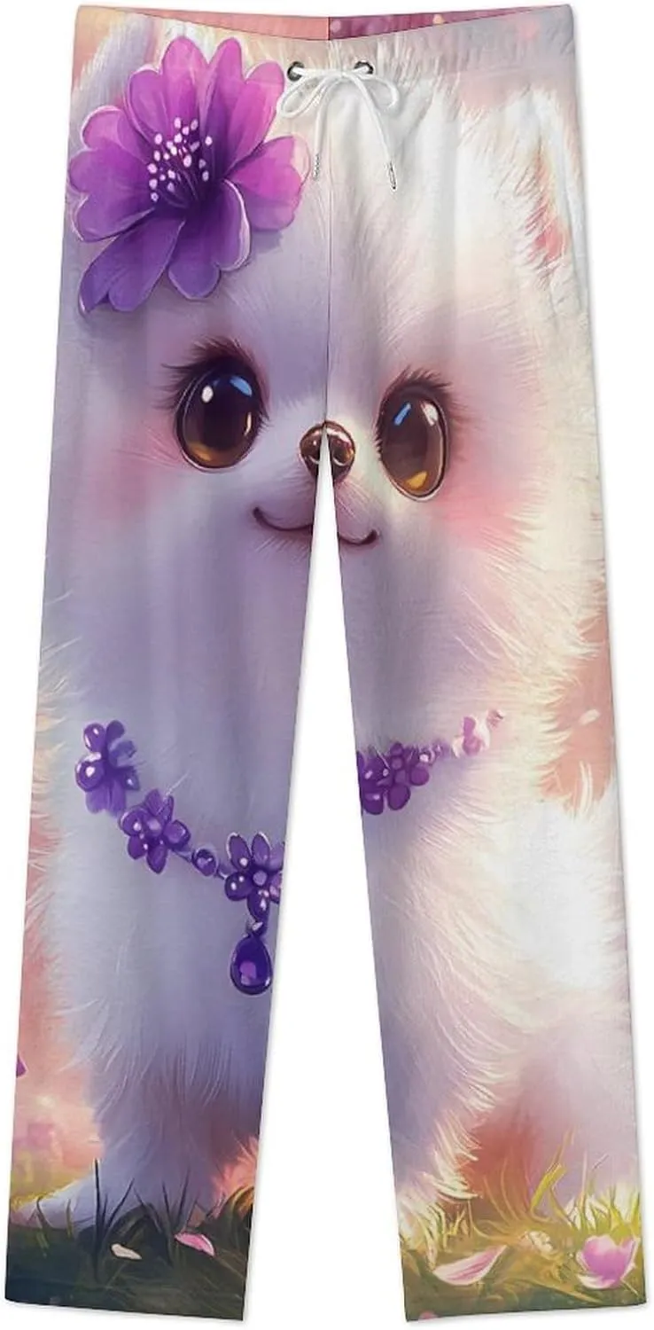 Cute Pomeranian Dog Women's Pajama Pants Fleece Warm Pj Bottoms Sleepwear Lounge Pants Loungewear