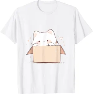 Cute White Cat in a Box Japanese Kawaii Cartoon Graphic T-Shirt