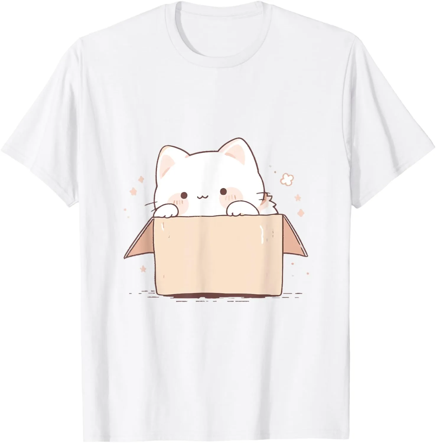 Cute White Cat in a Box Japanese Kawaii Cartoon Graphic T-Shirt