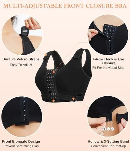 CYDREAM Women Wireless Front Closure Post Surgery Compression Everyday Bras Mastectomy Support Bra with Adjustable Straps (3X-Large, Black)