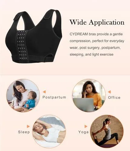 CYDREAM Women Wireless Front Closure Post Surgery Compression Everyday Bras Mastectomy Support Bra with Adjustable Straps (3X-Large, Black)