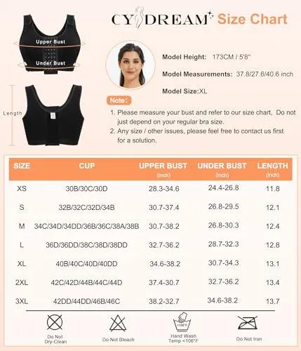 CYDREAM Women Wireless Front Closure Post Surgery Compression Everyday Bras Mastectomy Support Bra with Adjustable Straps (3X-Large, Black)