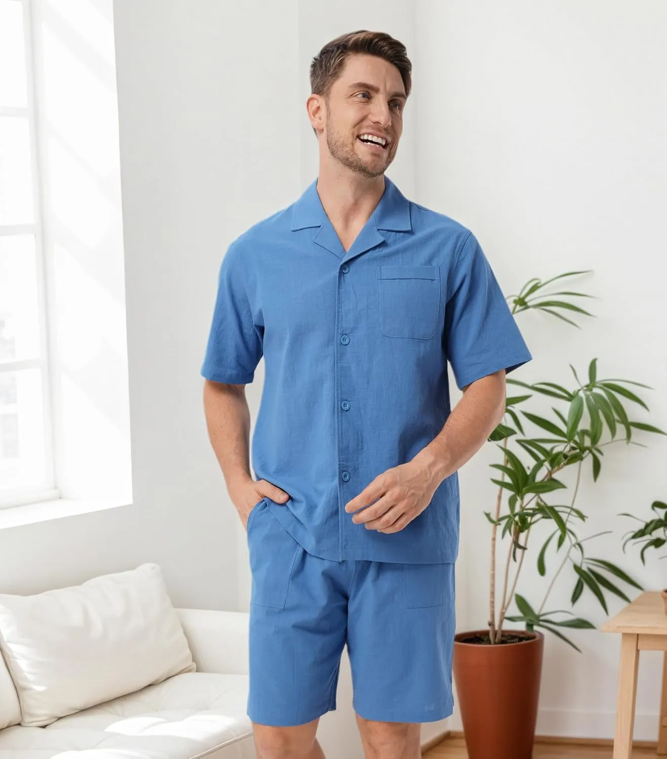 DAVID ARCHY Mens Pajamas Set 100% Cotton Summer Short Sleeve Shirt and Shorts Pjs Lightweight Hawaiian Sets for Lounging